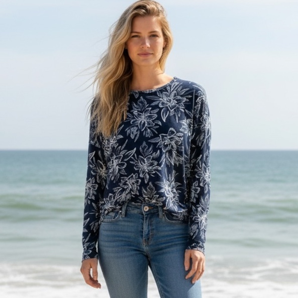 Hang Ten Sun Protection Long Sleeve Tee Blue Floral Print UPF 50 Size S